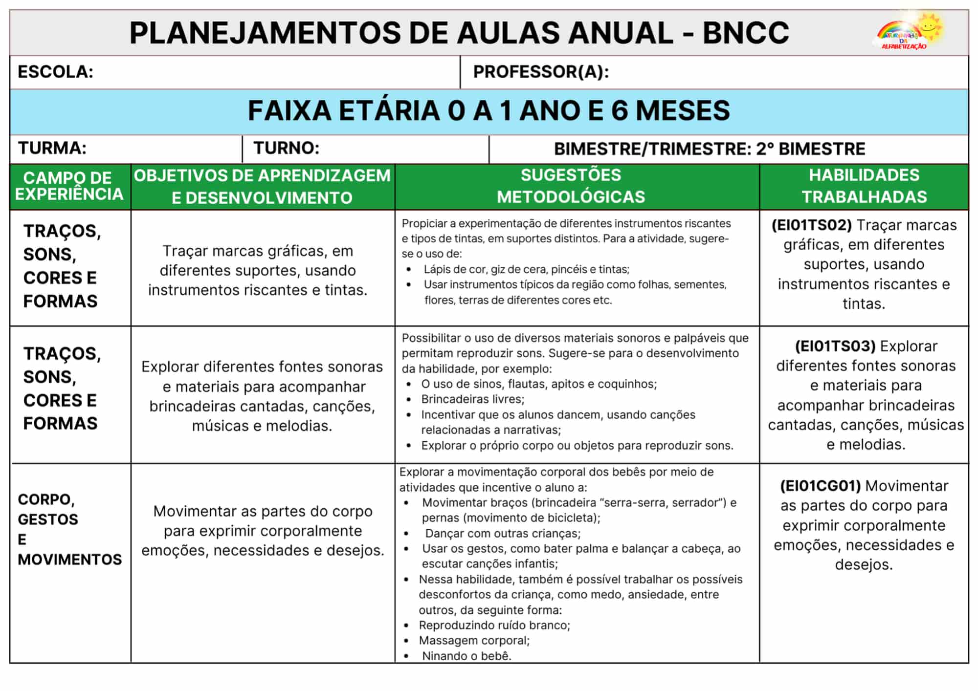 PLANEJAMENTO ANUAL E MENSAL - BERÇÁRIO E EDUCAÇÃO INFANTIL