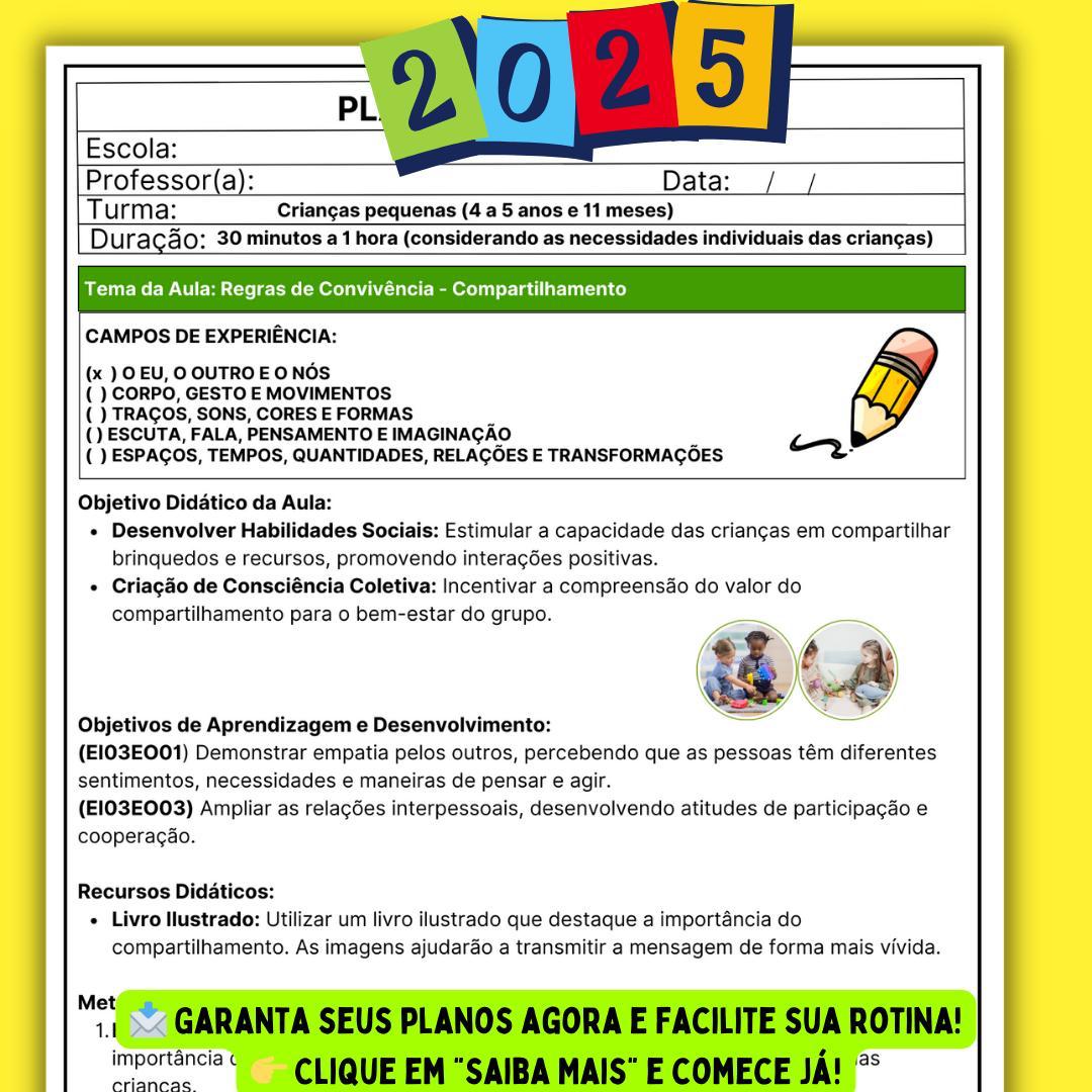 PLANEJAMENTOS DE AULAS BNCC 2025 - PRÉ-ESCOLA I E II.📚⭐✏ - Imagem 12