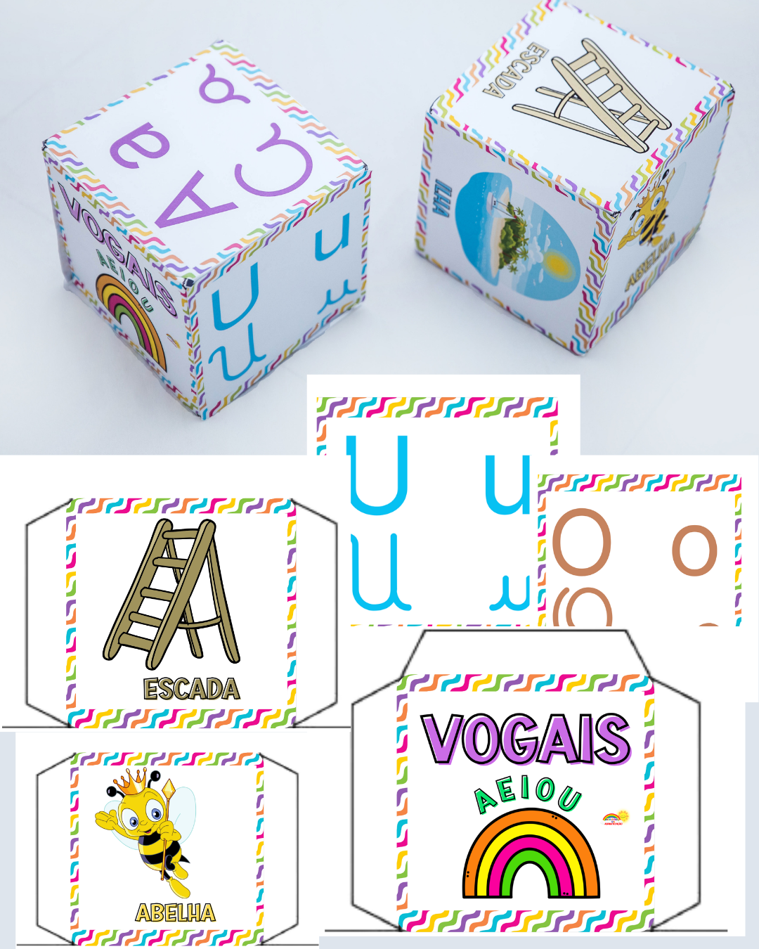 DADOS DAS VOGAIS - 4 tipos de letras (maiúscula, minúscula, cursiva e bastão) - Imagem 2