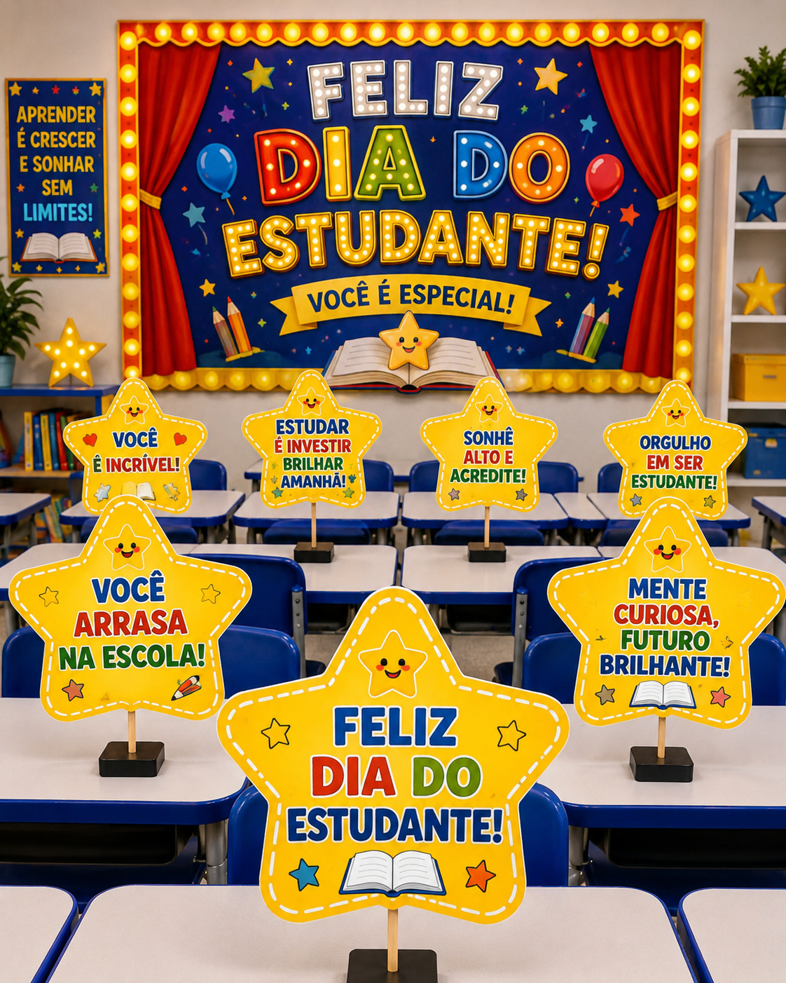 PAINEL + ESTRELAS COM FRASES DE INCENTIVO – CELEBRE O DIA DO ESTUDANTE
